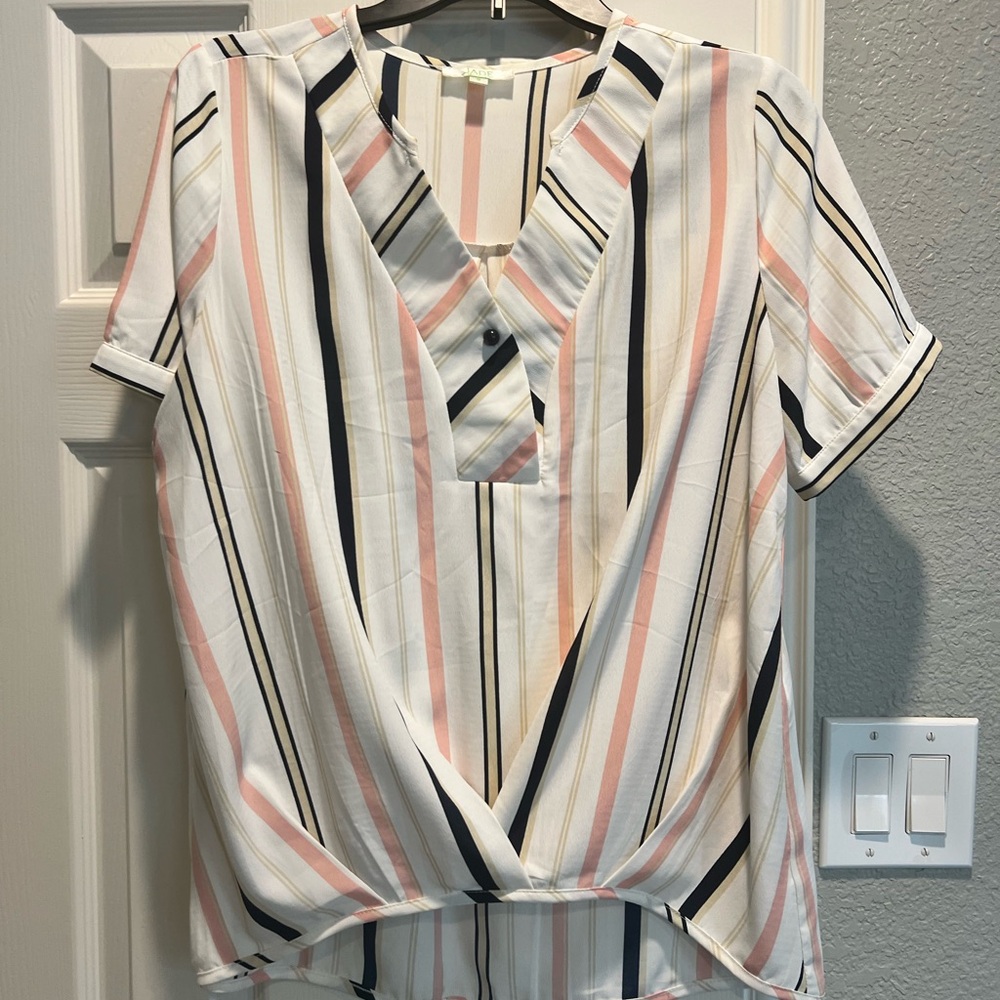Striped V-Neck Blouse - Pink, Black, White
